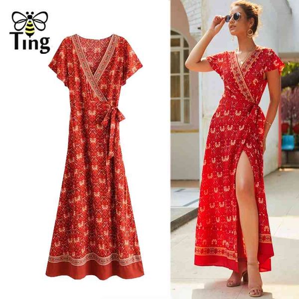 

summer tropical boho floral print wrap maxi long dress casual bohemian sumdress beach vacation women tie 210513, Black;gray