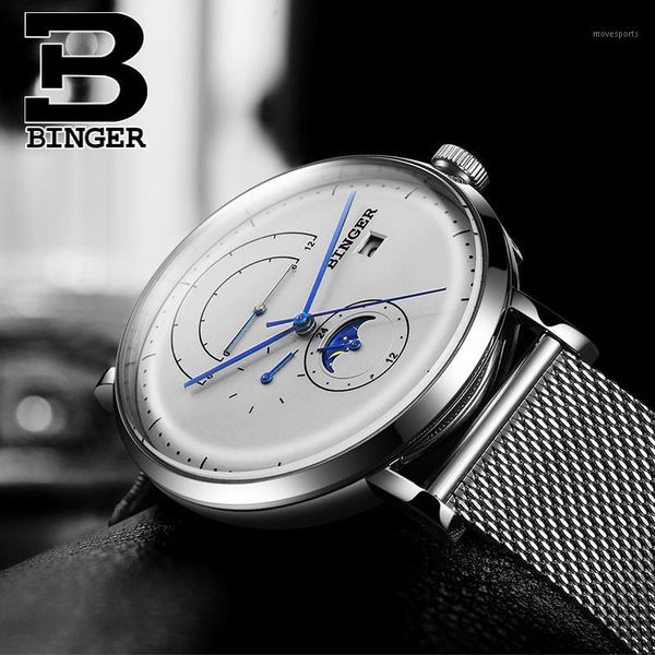 

personalized 2.5d curved glass men moon phase watches mechanical self-winding milanese watch bracelet calendar wrist 3bar wristwatches, Slivery;brown