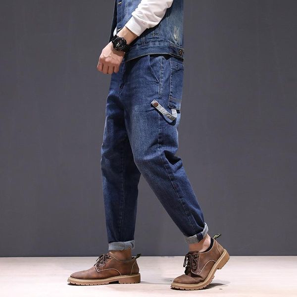 

high street fashion men jeans light blue white wash stripe spliced tapered pants punk style jogger hip hop men's