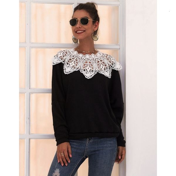 

women's blouses & shirts autumn women blouse o-neck long sleeve splicing lace elegant hollow out loose shirt d75j, White