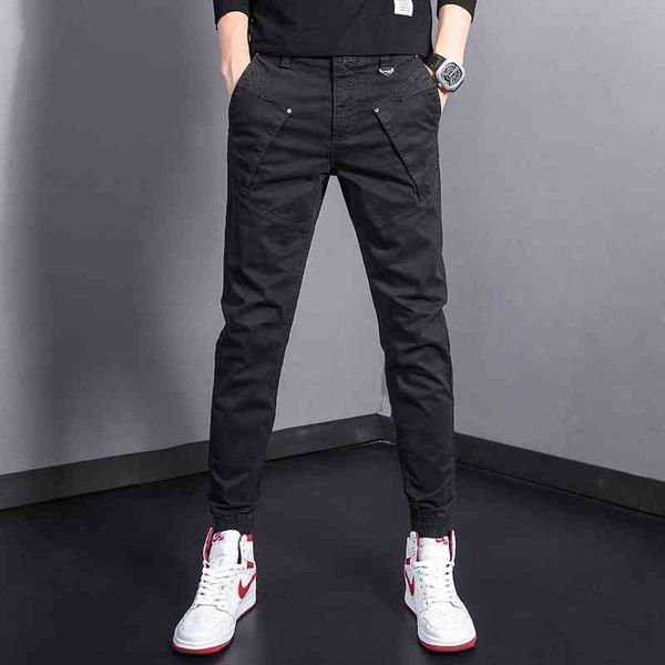 

men's jeans korean style fashion slim fit spliced designer casual cargo pants streetwear hip hop joggers ankle banded cunc, Blue