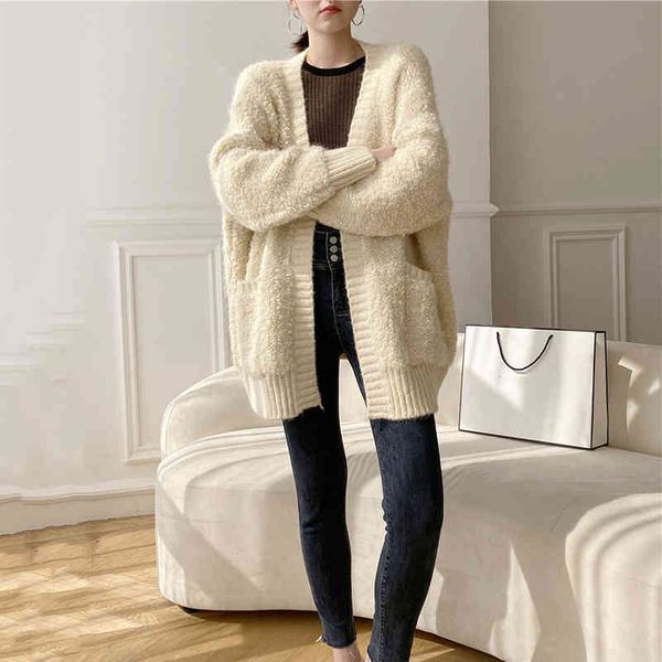

women's sweaters [eam] big size coffee thick knitting cardigan sweater loose fit v-neck long sleeve women fashion autumn winter 2022 1d, White;black