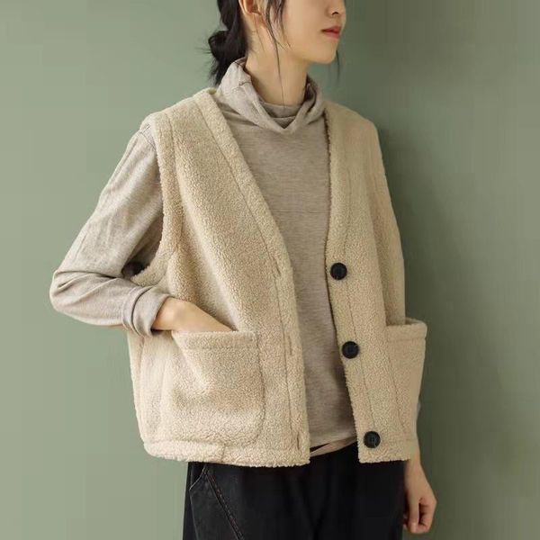 

women's vests women vest autumn winter loose casual coat 2021 ladies v-neck button pocket sleeveless retro, Black;white