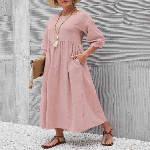 

2022 new fashion plus ladies pregnancy dress lantern sleeve loose cotton linen pocket dress maternity dress p clothing g220309, White