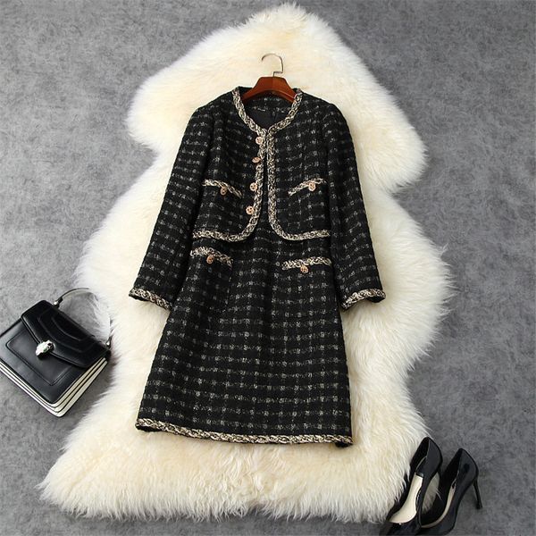 

two piece dress fashion runway designer autumn tweed woolen dress female elegant lady of vintage 2 lvdu, White