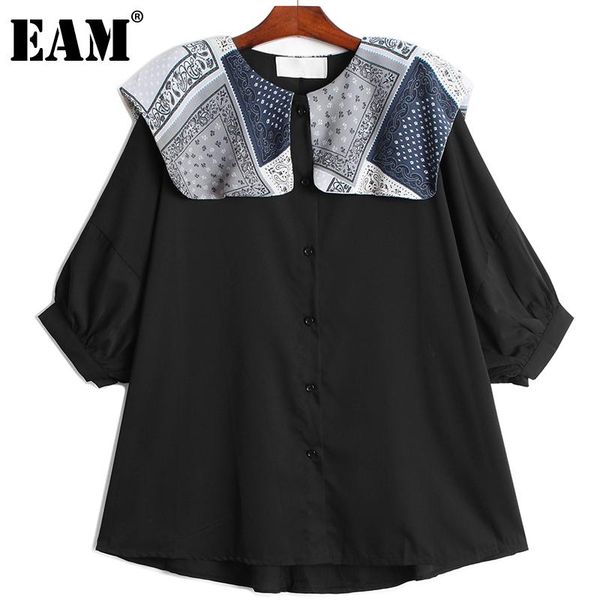 

women's blouses & shirts [eam] women black printed oversized blouse round neck three-quarter sleeve loose shirt fashion spring summer 2, White