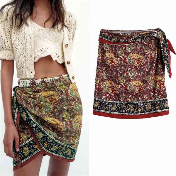 

summer women vintage mini skirts wrap side bow tie print indie folk female elegant street skirt clothing 210513, Black