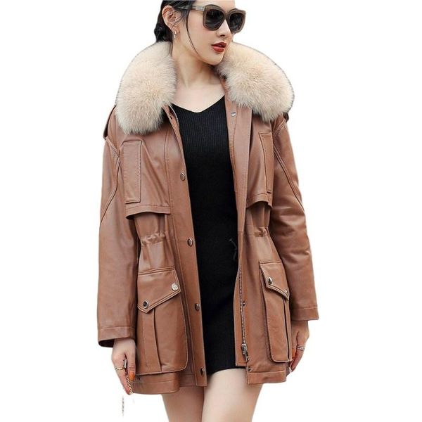 

women's leather & faux ladies luxury fur collar mid long genuine down jacket women adjustable waist sheepskin thick warm coat 2022 over, Black
