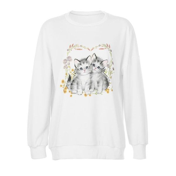 

women's t-shirt women fashion long sleeve cat print stylish round neck pullover loose for ladies, White