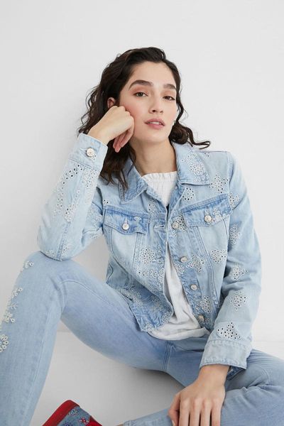 

women's jackets spanish style hollow-out embroidery jean jacket, Black;brown