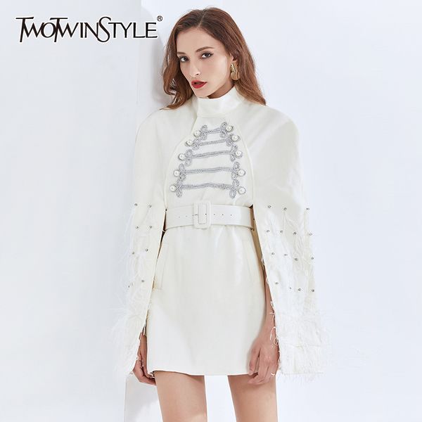 

patchwork feather jacket for women turtleneck high waist sashes pearl casual coats female fashion clothes 210524, Black;brown