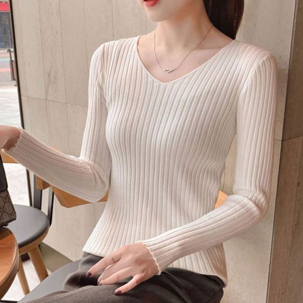 

women's sweaters office lady v-neck solid autumn winter sweater pullover women knitted slim long sleeve, White;black