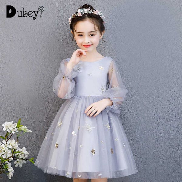 Elegante Teenager Mädchen Sterne Stickerei Party Kleid Puff Tüll Ärmel Prinzessin Kostüme Silber Abend für Kinder 210529