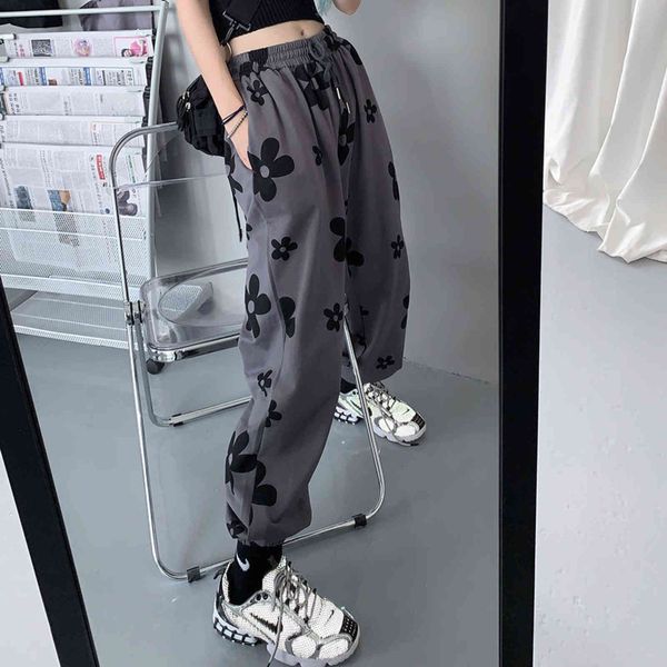 

women's pants & capris women harajuku korean fashion floral print high street waisted long flared summer chic trousers cargo clothes 6z, Black;white