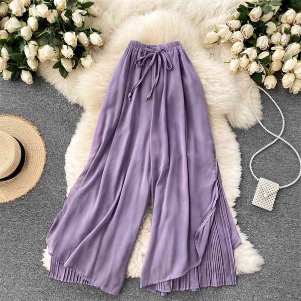 

chiffon wide-leg pants women's summer all-match high-waisted thin drape heavy-duty pleated nine-point gl058 210507, Black;white
