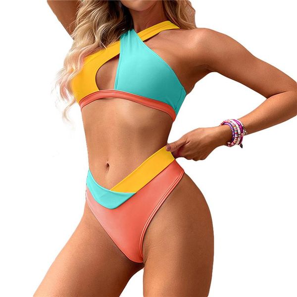 

women's swimwear 2 pieces color matching bikini suit patchwork set bathing women summer padden cross + panties, White;black