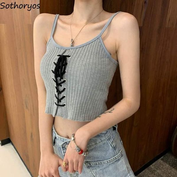 

women's tanks & camis camisole women short ribbed crop- drawstring tie up front-camis style summer slim streetwear solid vest femal, White