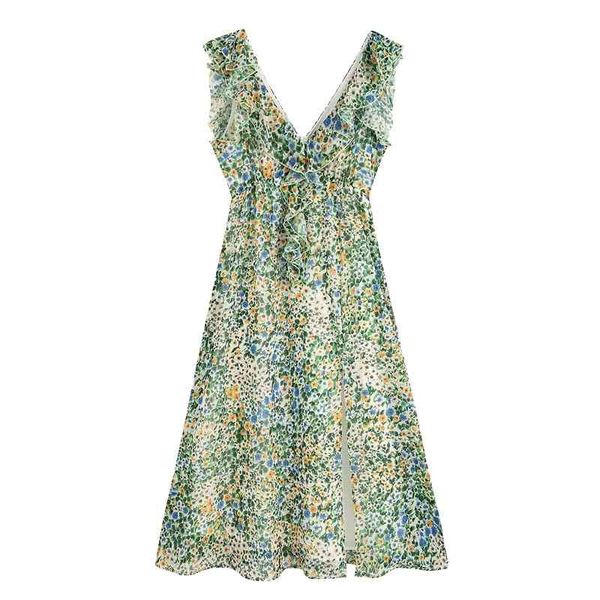 

women chic fashion floral print ruffles long dress vintage v neck sleeveless side out dresses elegant ladies vestidos 210520, Black;gray