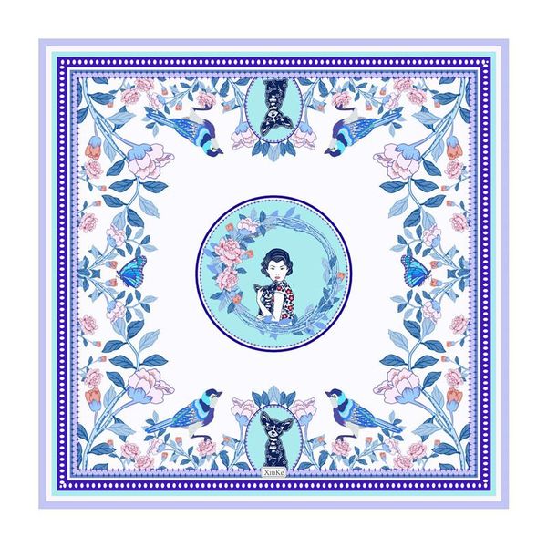 

[xiuke]scarves fashion silk scarf printing women handkerchie small square blue and white, twill shawl size:52x52 bandanas, Blue;gray