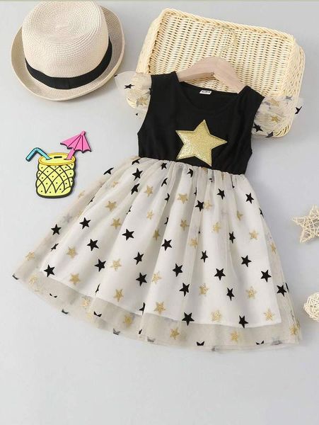 

toddler girls contrast star mesh ruffle trim dress she01, Red;yellow