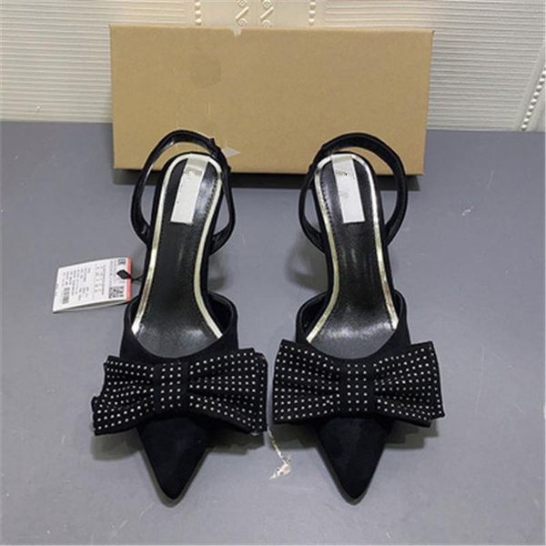 

sandals women's shoes black suede pointed shallow mouth single bow knot rivet high heels stiletto heel