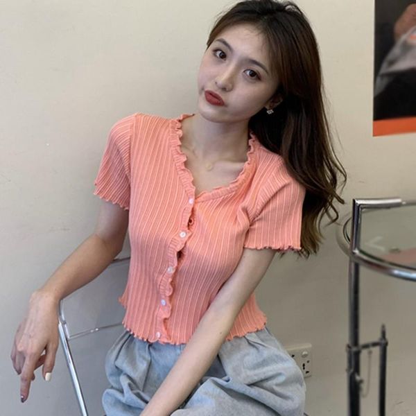 

women's t-shirt summer knitted short-sleeved women fashion v-neck button short cardigan, White