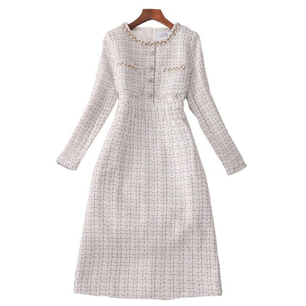 

casual dresses high-end 2021 tweed dress women spring autumn vintage wool plaid female elegant woolen ladies office vestidos, Black;gray