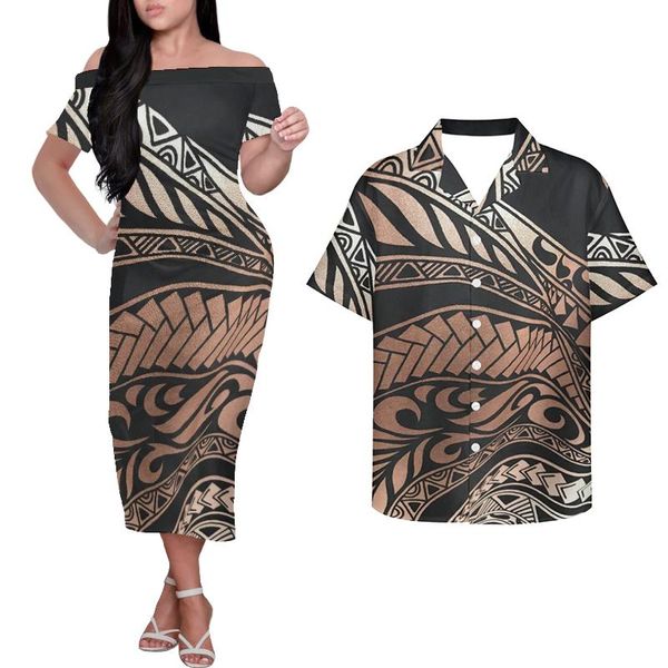 

casual dresses hycool custom logo off half shoulder for women party tribal tattoos print polynesian brown dress matching 5xl men shirt, Black;gray