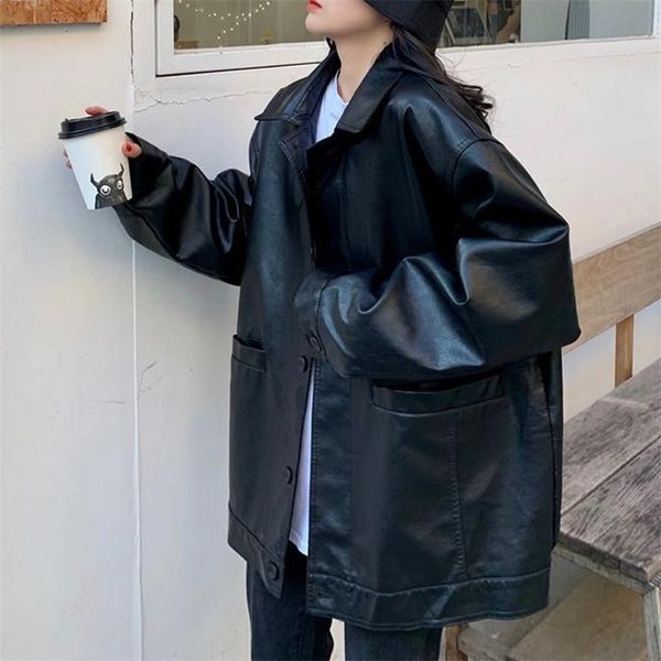 

casual black leather jacket women korean thin loose moto jacket female spring fashion streetwear lady outerwear biker coats 211130