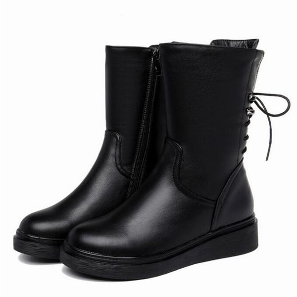 

boots large size in-tube boot women flat after lace-up plus velvet warm snow winter shoes woman genuine leather 3alc, Black