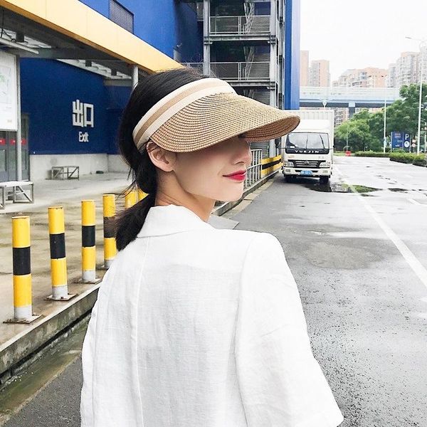 

wide brim hats 2021 women's sun handmade straw visor caps parent-child summer hat empty beach, Blue;gray