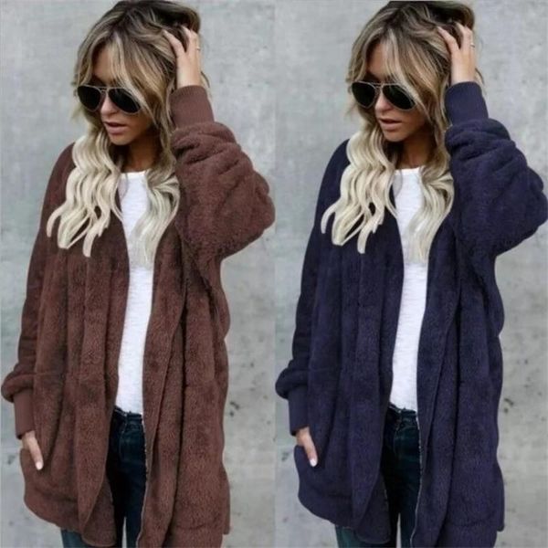 

women's trench coats 2021 winter women causal thick warm faux fur coat 9 colors elegant both sides hooded long jacket loose sleeve over, Tan;black