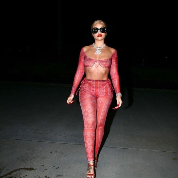 

spring fitness see through thin womens pants two piece outfits casual street mesh leggingslady matching suit, White