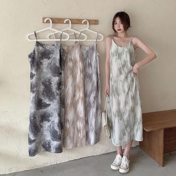

casual dresses women 2021 summer elegant drop strap midi dress tie dye print french gentle wind slim niche party, Black;gray