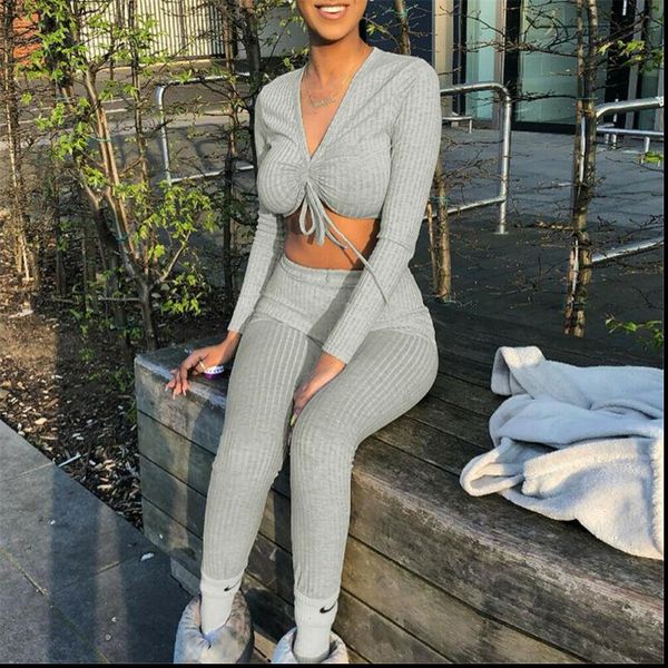 

autumn two pieces knit women tracksuits crop lounge wear suit workout 2pcs tracksuit set casual fitness, Gray