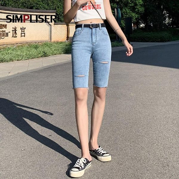 

high waisted denim shorts women summer tight cycling blue grey black ripped jeans stretch thin capris 2021 women's