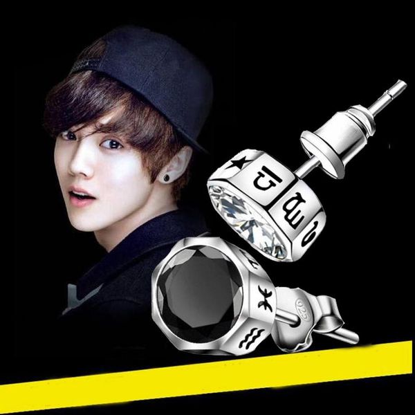 

male fashion constellation pattern stud earrings for men vintage punk jewelry white/black round stone hip hop man gifts, Golden;silver