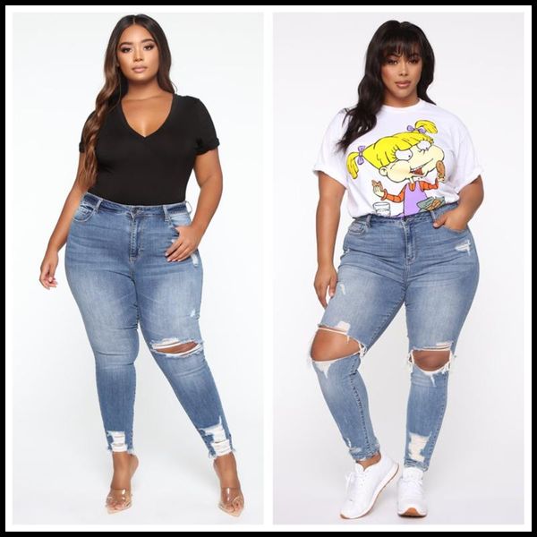

women's jeans 2021 plus size fashion ripped skinny denim pencil pants casual stretch l-4xl global drop, Blue