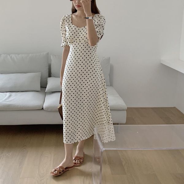 

summer v-neck dot printing midi dress for woman fashion bohemian beach vacation dresses 210515, Black;gray