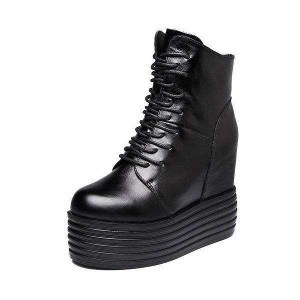 

dress shoes british style platform high woman genuine leather height increased autumn round toe heel casual footwear, Black