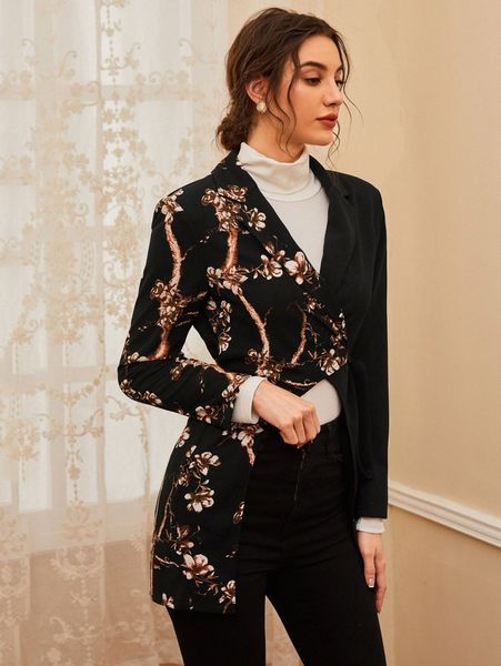 

floral panel knot side blazer e53i#, White;black