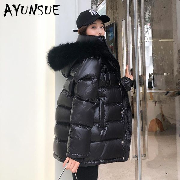 

winter down jacket women warm thick white duck jackets real raccoon fur hooded parkas woman coats 19300 women's &, Black