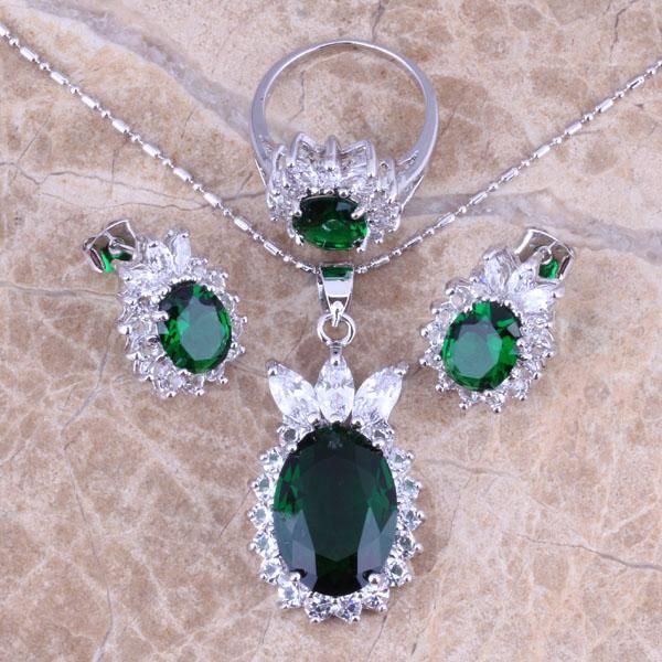 

earrings & necklace fantastic green cubic zirconia white cz silver plated jewelry sets pendant ring size 6 / 7 8 9 s0414
