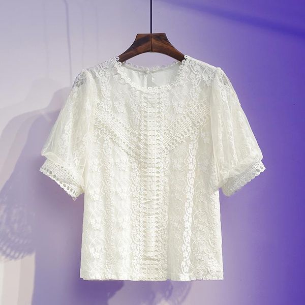 

women's blouses & shirts blouse shirt 2021 summer mesh lace round neck lantern sleeve short stitching 1-8572#], White