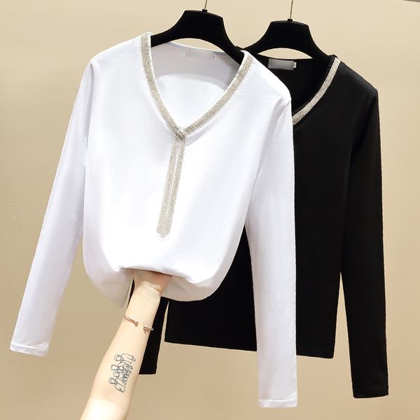 

women's sweaters long-sleeve female t-shirt gkfnmt, korean-style cotton shirt with a white v-collar, pearls, women's clothes, azh9, White;black