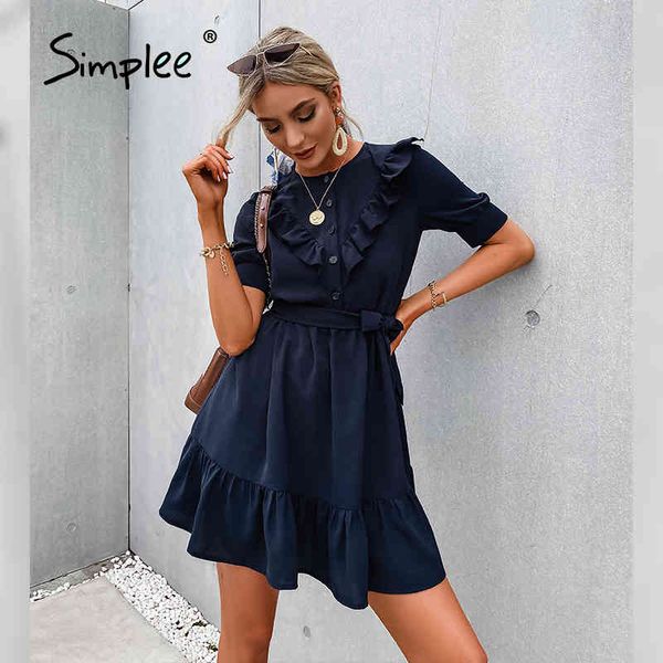 

puff ruffled o-neck women's solid spring summer dress elegant female office short sleeve vestidos 210414, Black;gray