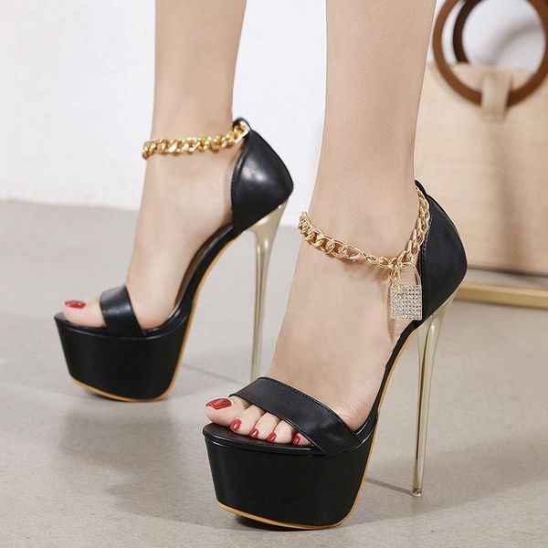 

sandals women open toe ultra high heels 17cm shoes woman crystal metal chain platform nightclub party pumps sh ksqz, Black