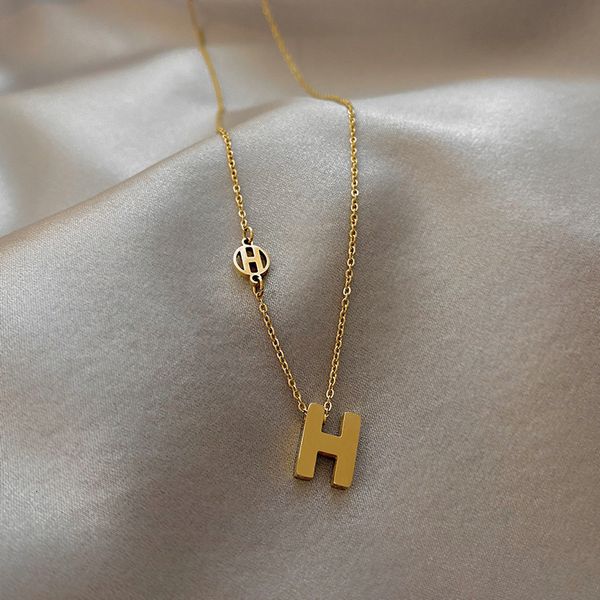 

chain women pendants real gold electroplated korean titanium steel necklace letter h pendant clavicle net red choker short neck female, Silver