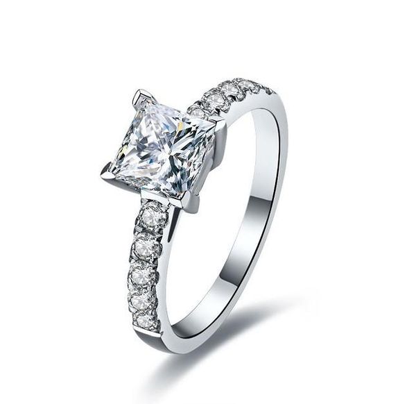 

cluster rings solid 14k white gold princess cut original 1ct natural moissanite diamond women engagement ring d color vvs1, Golden;silver