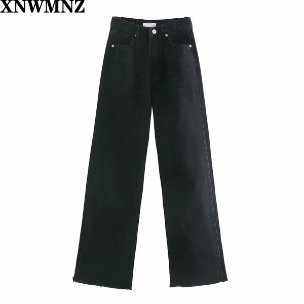 

2011xnwmnz za women fashion hi-rise wide-leg full length jeans vintage faded seamless hems high waist zipper button denim female, Blue